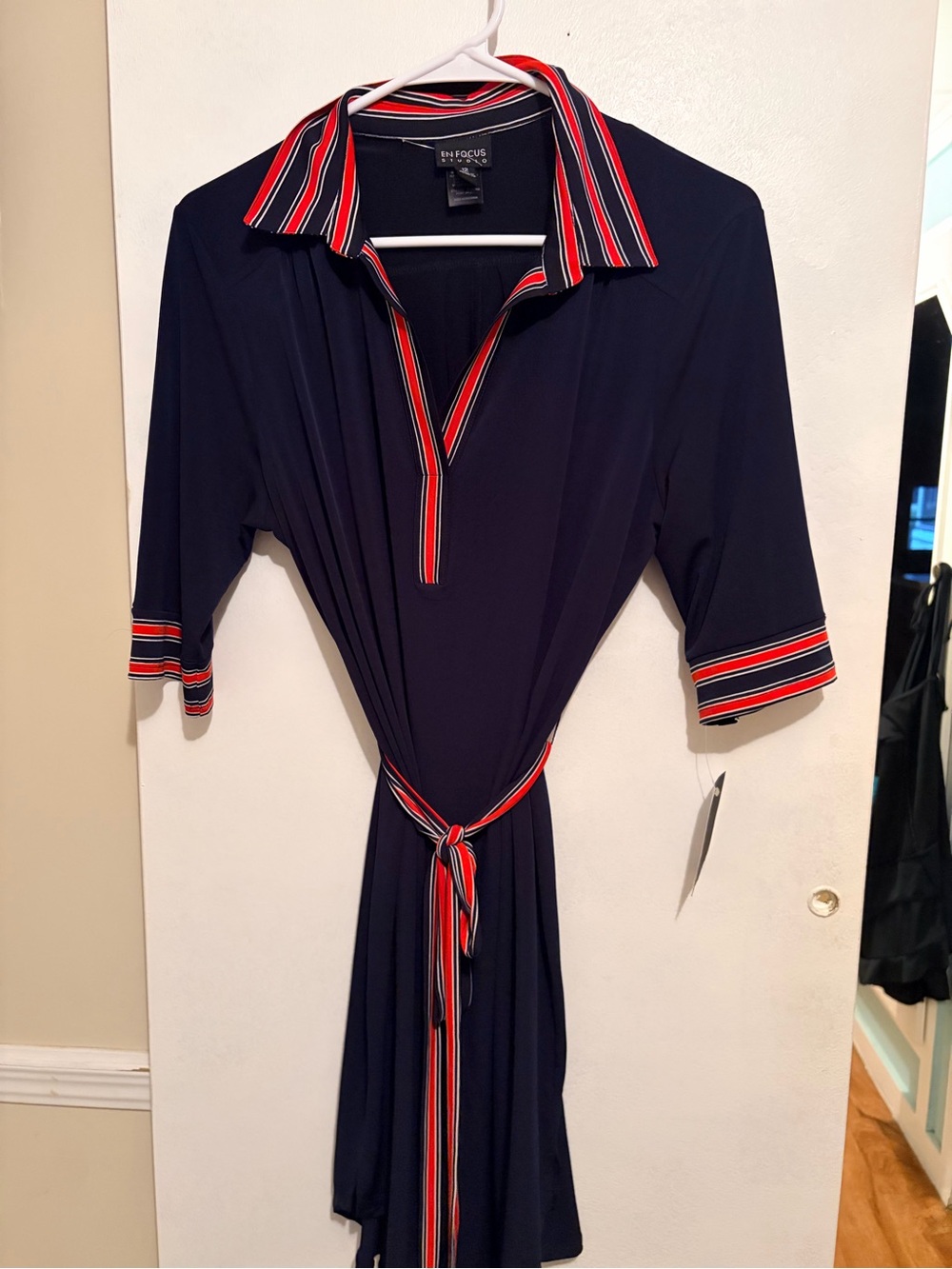 En Focus Navy Polo-Style Tie-Waist Dress with Red & White Stripe Trim